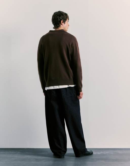 Pull&Bear Langærmet strikket poloskjorte i brun, 2 af 6