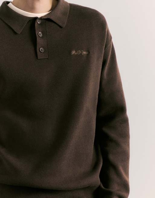 Pull&Bear Langærmet strikket poloskjorte i brun, 3 af 6