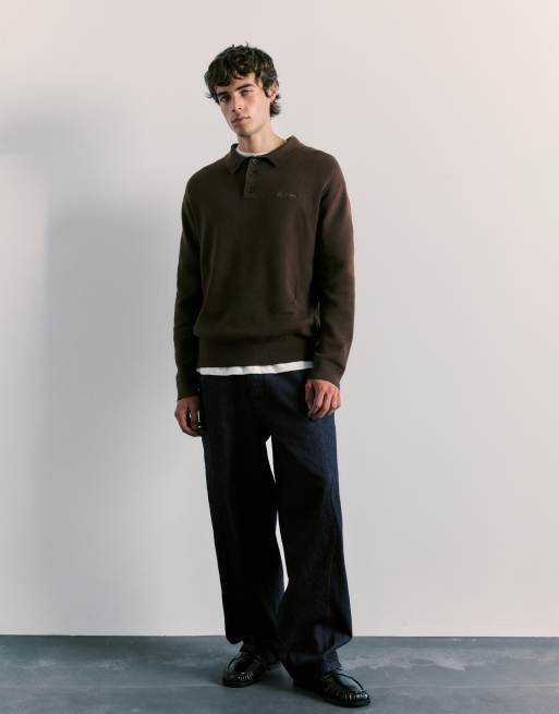 Pull&Bear Langærmet strikket poloskjorte i brun, 4 af 6