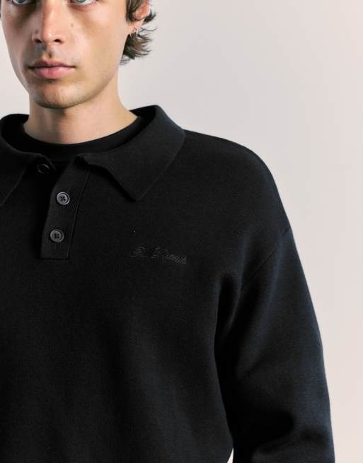 Pull&Bear langærmet strikket poloskjorte i sort, 3 af 7
