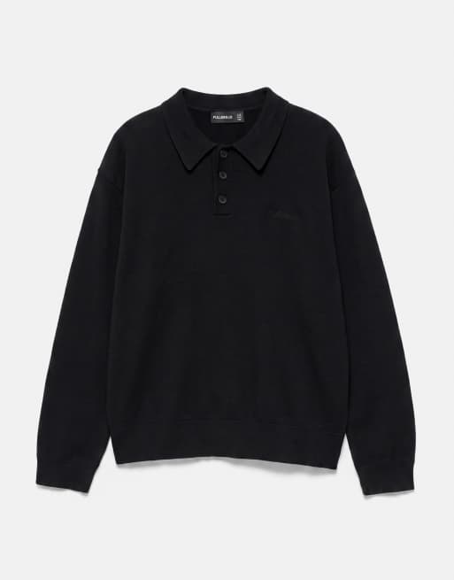 Pull&Bear langærmet strikket poloskjorte i sort, 5 af 7