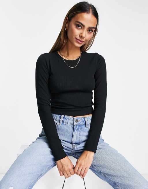 Pull&Bear - Langærmet T-shirt i sort