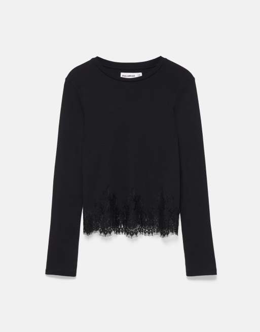 Pull&Bear langærmet T-shirt med blondkant i sort, 5 af 7