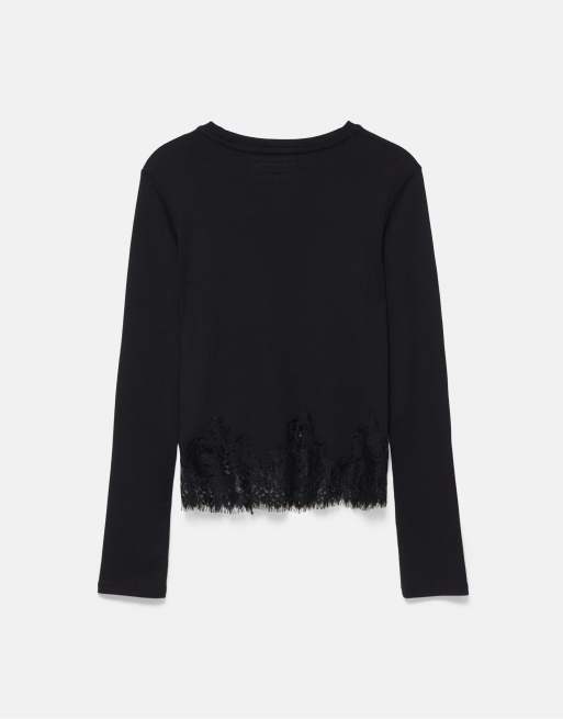 Pull&Bear langærmet T-shirt med blondkant i sort, 7 af 7