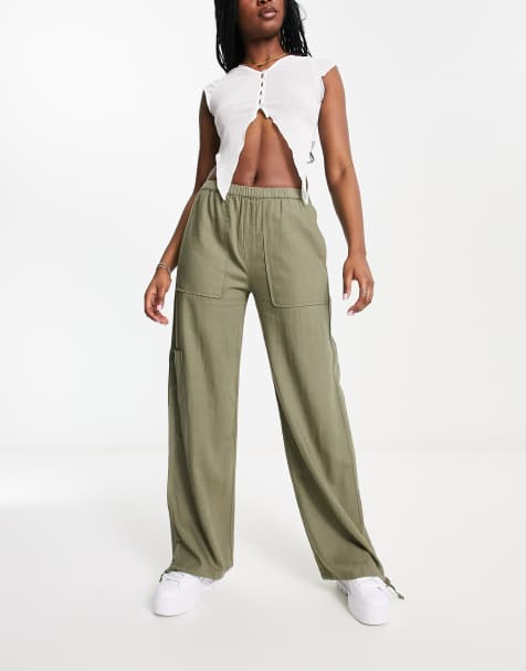 Pull&Bear – Lässig geschnittene Leinenhose in Khaki - view 1