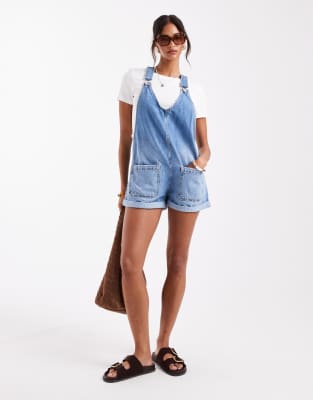 Pull & Bear - Latz-Playsuit aus blauem Denim-Weiß
