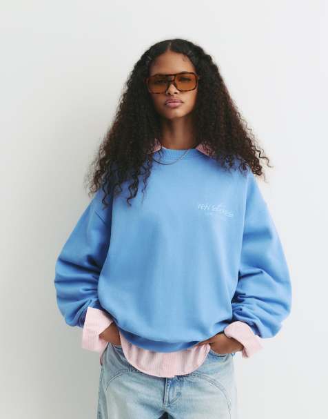 Pull&Bear - Lavendelblå sweatshirt med lyseblåt "New Stories"-print - view 1