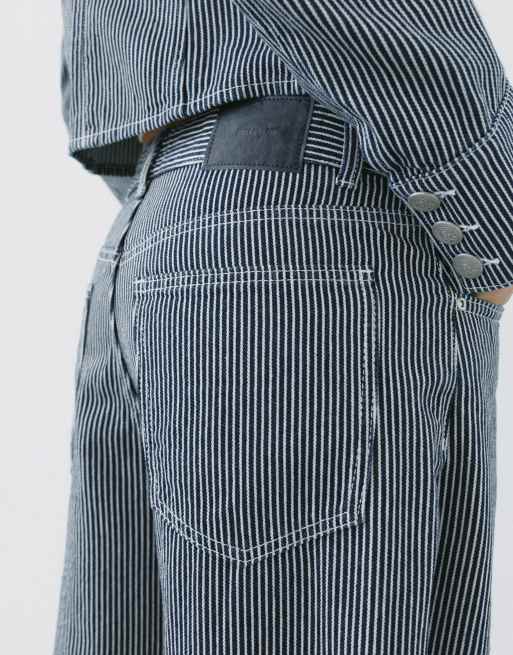 Pull&Bear lavtaljede stribede baggy jeans i mørkeblå, 3 af 7