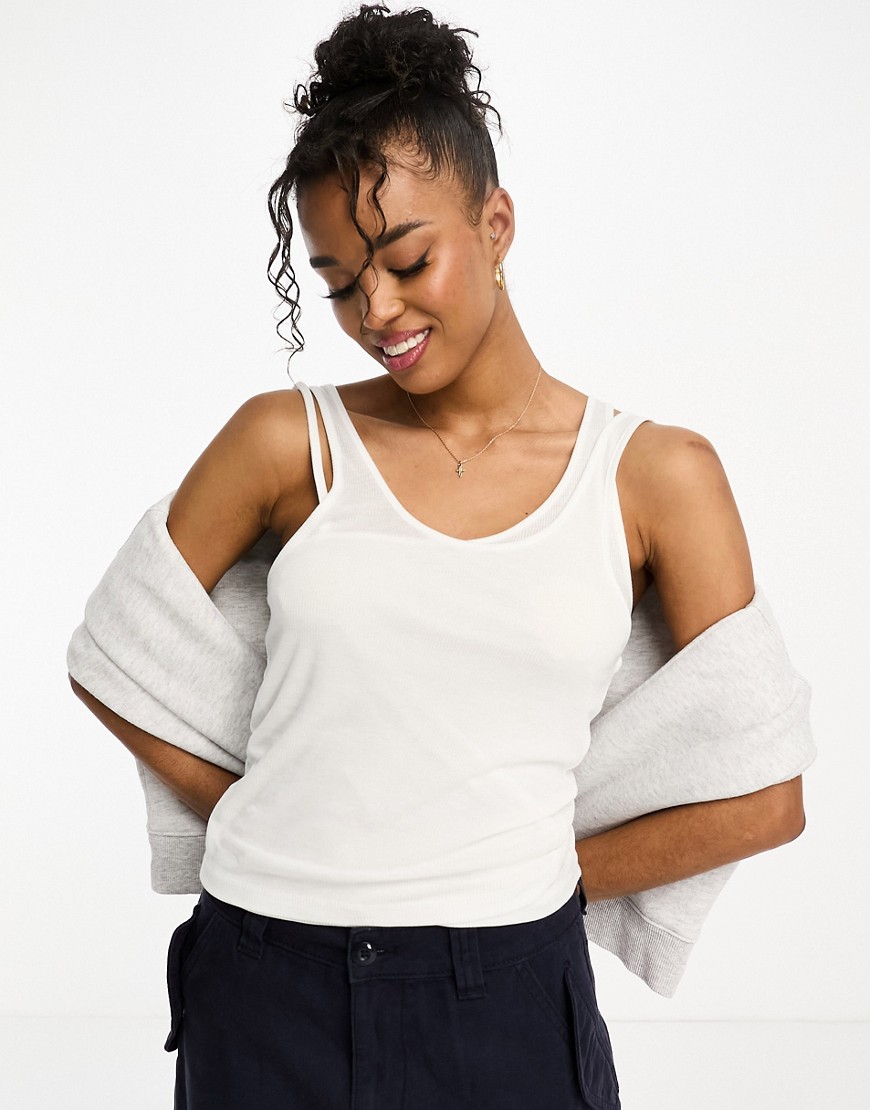 Pull & Bear Layered Tank Top With Asymmetric Strap Detail In White