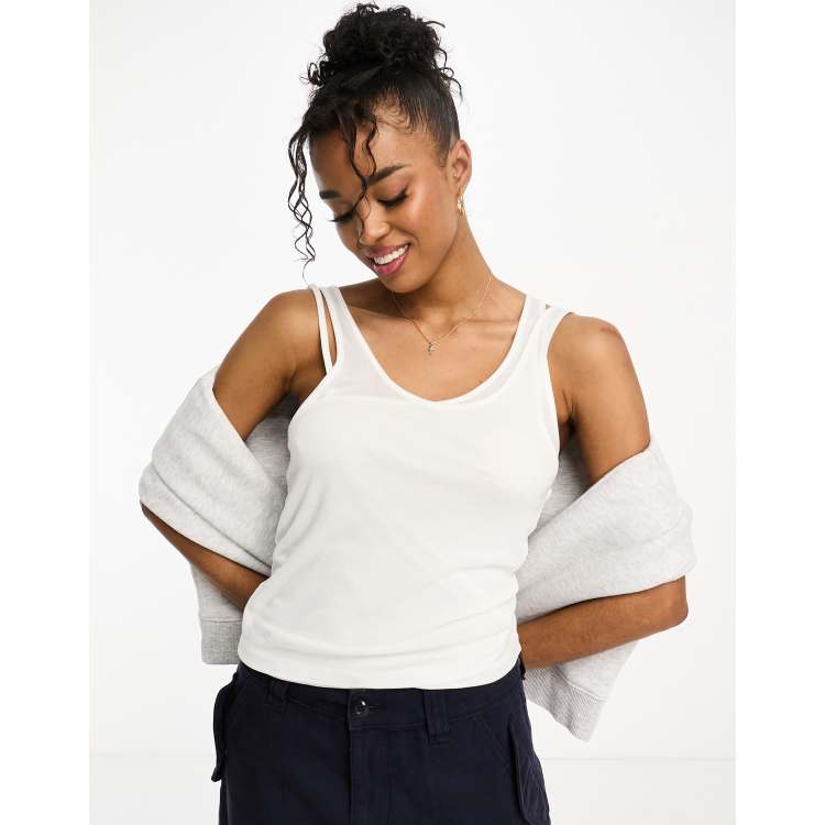 Pull&Bear layered tank top with asymmetric strap detail in white