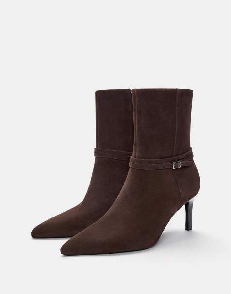 Pull&Bear Leather ankle boots with buckle and heel in brown - view 1