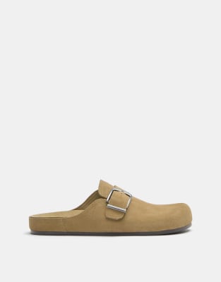 Pull&Bear Leather buckle clogs in sand