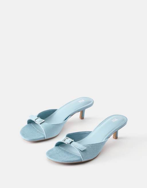 Pull&Bear Leather buckled heeled mules in blue, 2 of 4
