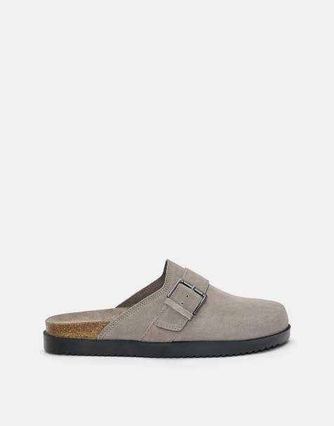 Pull&Bear Leather clogs with buckle in grey - view 1