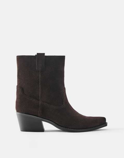 Pull&Bear Leather cowboy ankle boots in brown - view 1