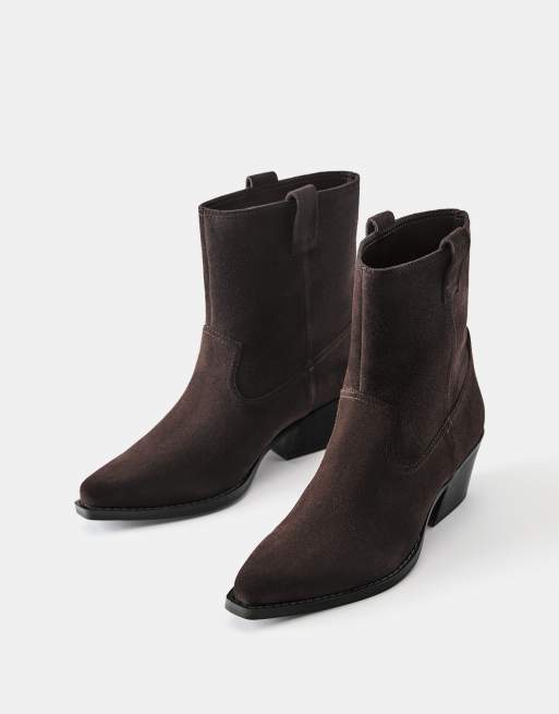 Pull&Bear Leather cowboy ankle boots in brown, 3 of 5
