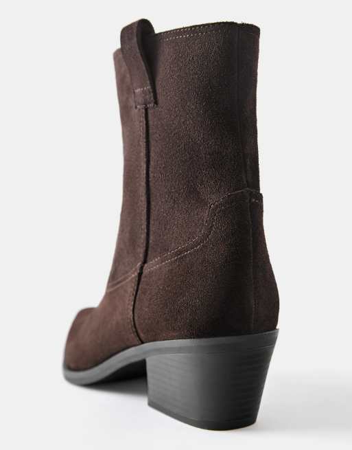 Pull&Bear Leather cowboy ankle boots in brown, 4 of 5
