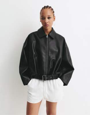 Pull&Bear Leather effect balloon bomber jacket in black
