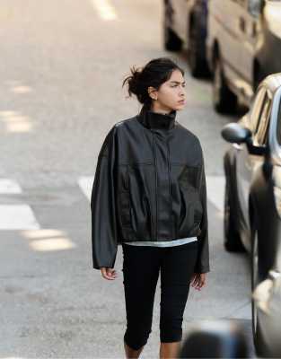 Pull & Bear Leather Effect Balloon Jacket In Black