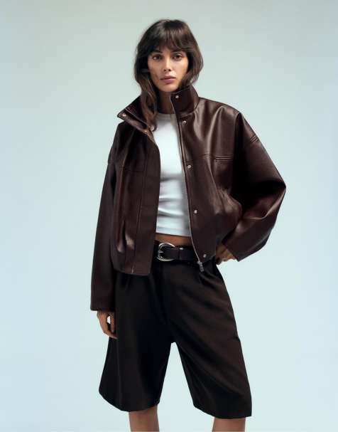 Pull&Bear Leather effect balloon jacket in chocolate - view 1