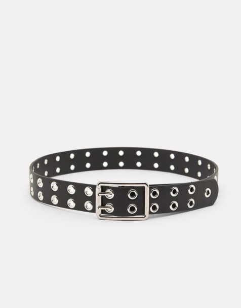 Pull&Bear Leather effect belt with eyelets in black - view 1