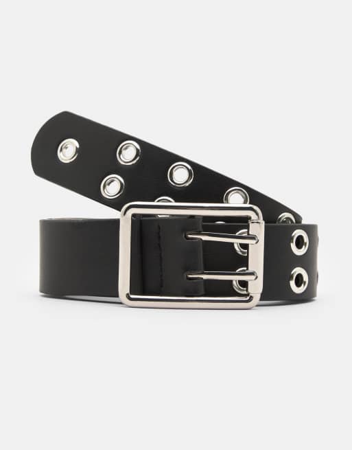 Pull&Bear Leather effect belt with eyelets in black ASOS