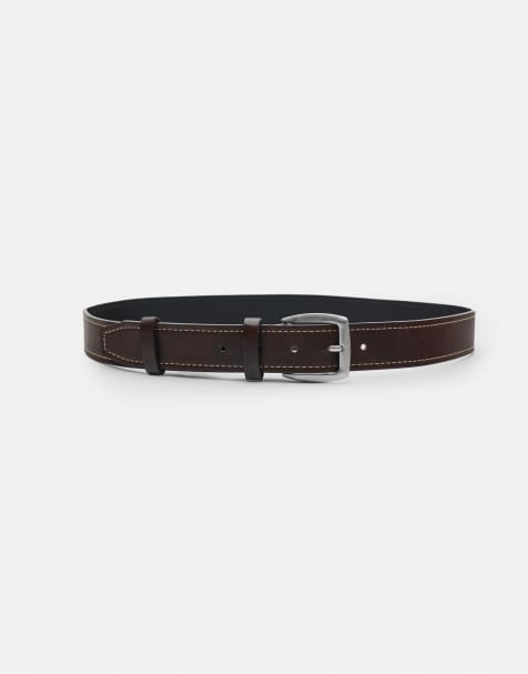Pull&Bear Leather effect belt with seams in brown - view 1