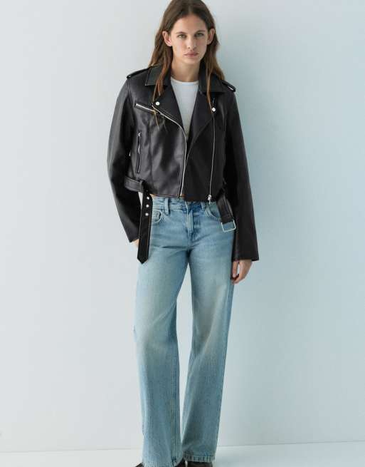 Pull&Bear Leather effect biker jacket in black, 3 of 4