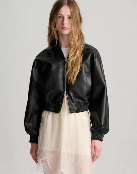 Pull&Bear Leather effect bomber jacket in black