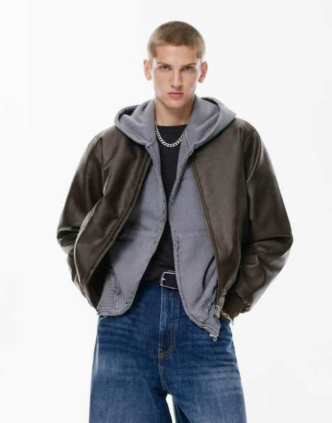 Pull&Bear Leather effect bomber jacket in brown - view 1