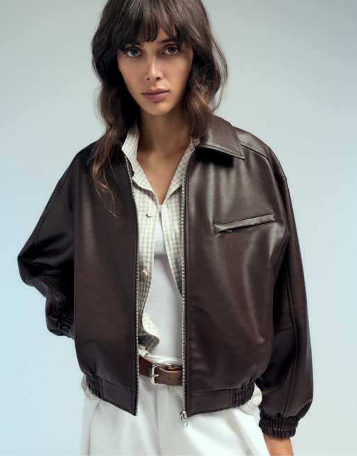 Pull&Bear Leather effect dad jacket in brown, 7 of 7
