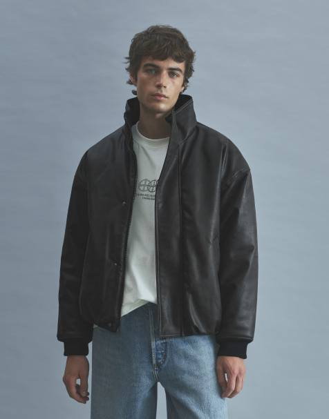 Pull&Bear leather effect funnel neck jacket in black - view 1