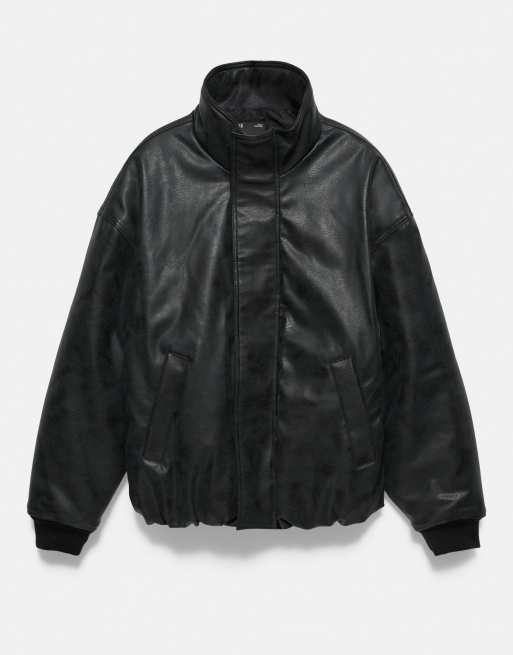 Pull&Bear leather effect funnel neck jacket in black, 6 of 7