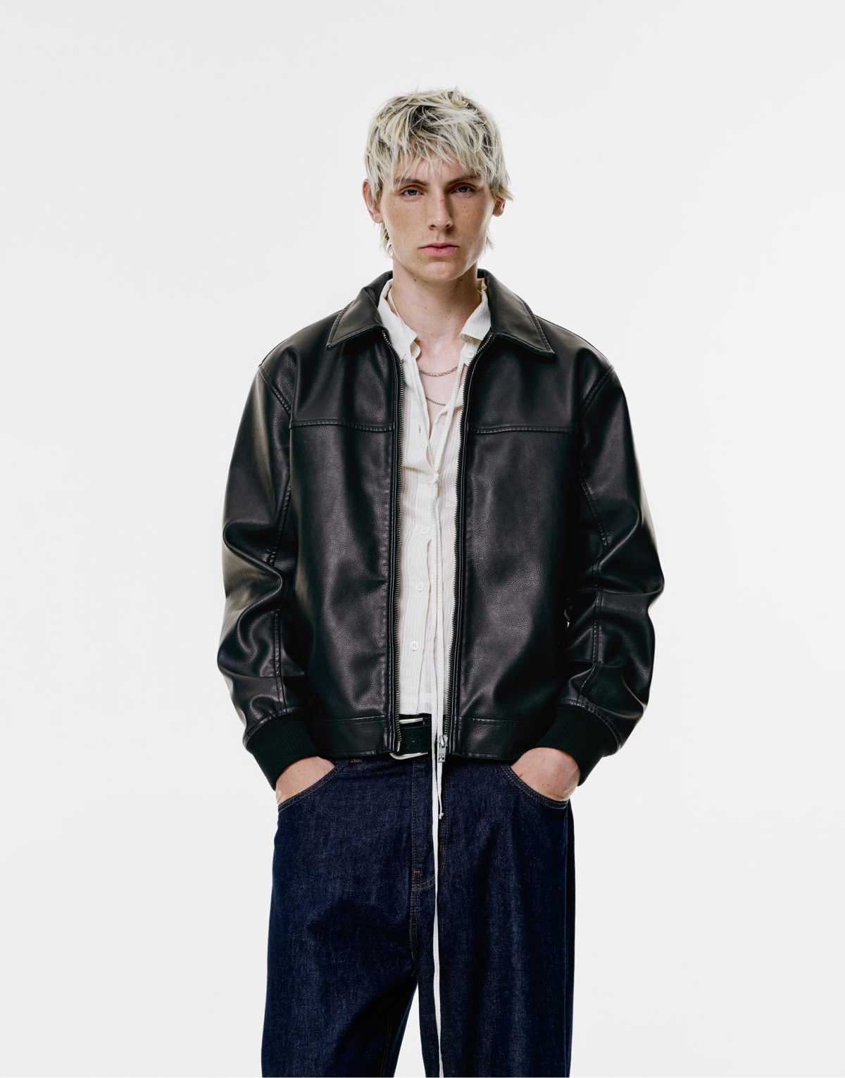 Pull&Bear Leather effect jacket in black