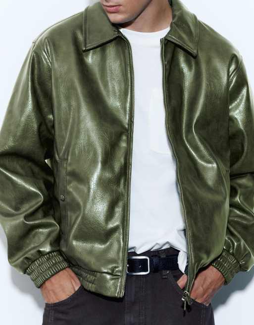 Pull&Bear Leather-effect jacket in bottle green, 2 of 7