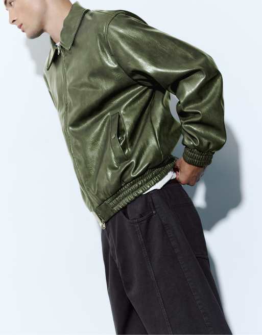 Pull&Bear Leather-effect jacket in bottle green, 3 of 7