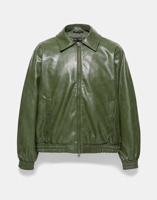 Pull&Bear Leather-effect jacket in bottle green, 4 of 7