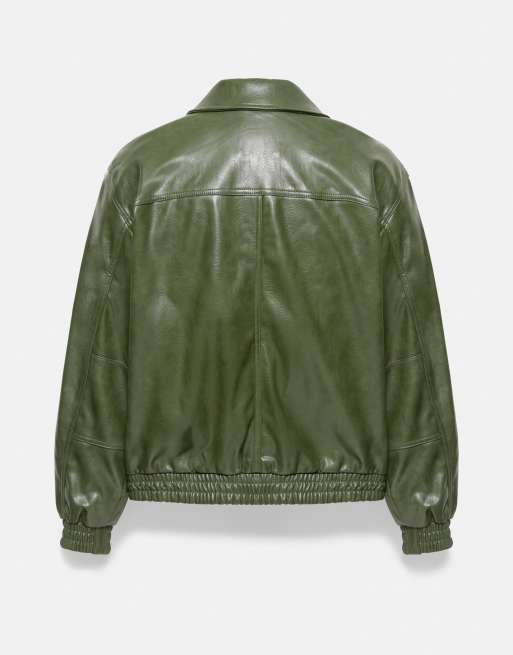 Pull&Bear Leather-effect jacket in bottle green, 6 of 7