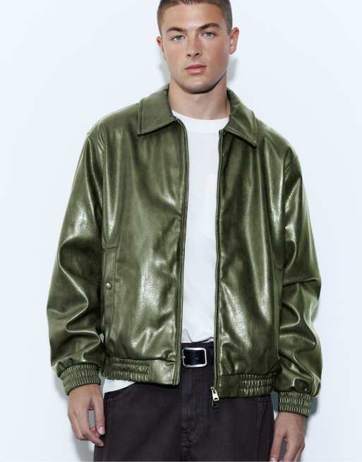 Pull&Bear Leather-effect jacket in bottle green, 7 of 7