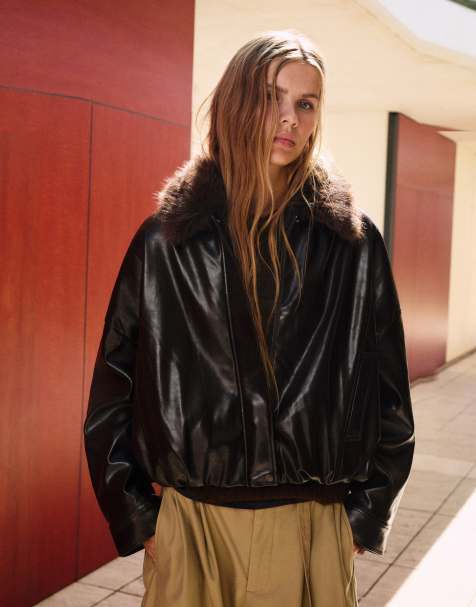 Pull&Bear Leather-effect jacket with fur collar in brown - view 1