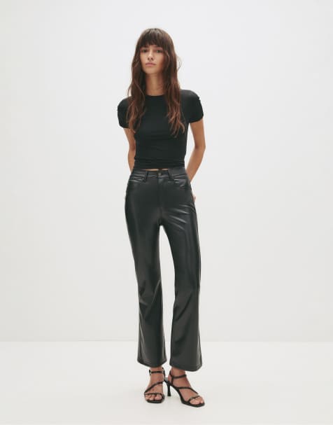 Pull&Bear Leather effect kick flared trousers in black