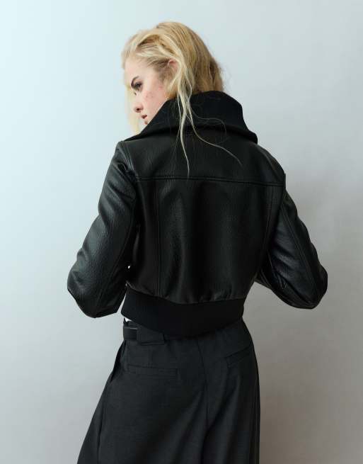 Pull&Bear Leather-effect ribbed jacket in black, 2 of 7