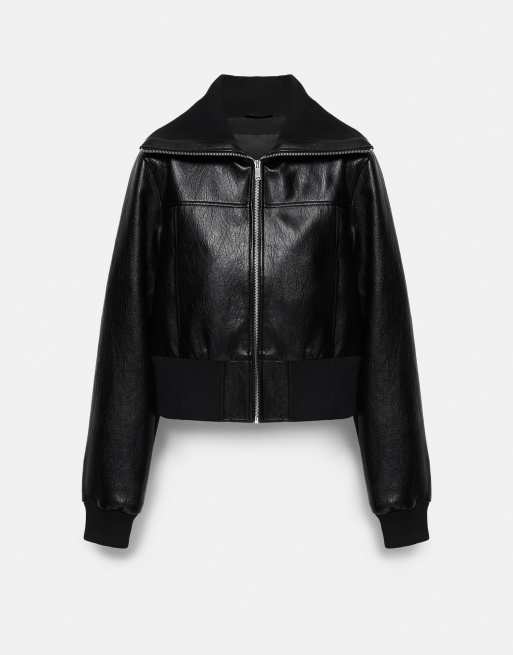 Pull&Bear Leather-effect ribbed jacket in black, 6 of 7