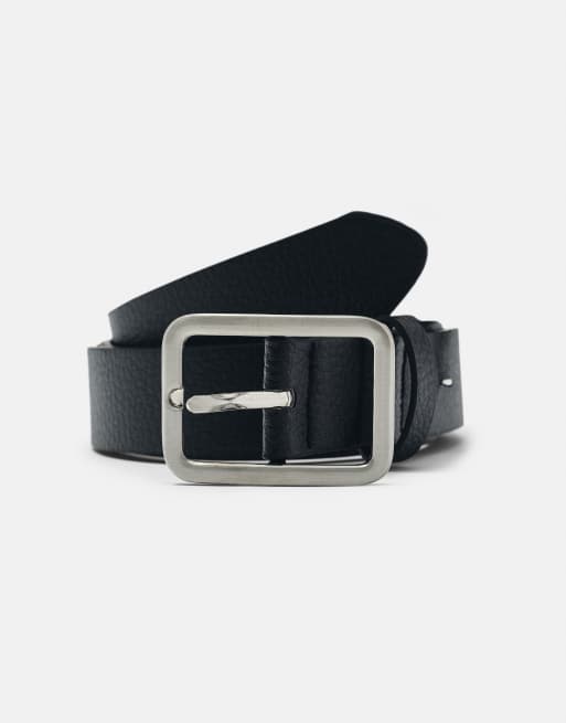 Pull&Bear Leather effect square buckle belt in black, 2 of 4
