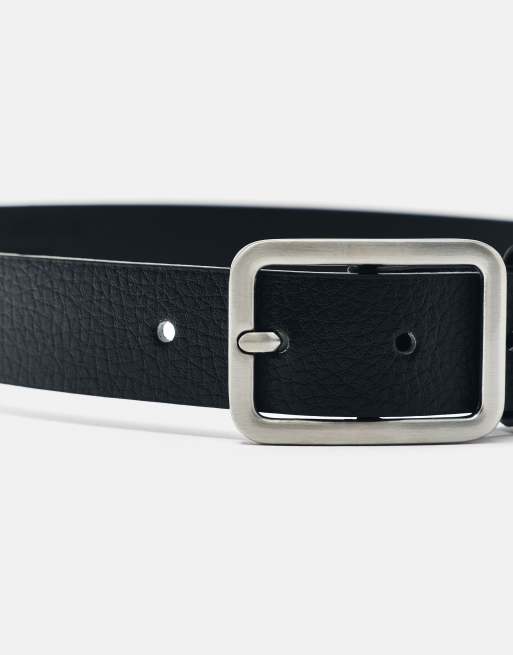 Pull&Bear Leather effect square buckle belt in black, 4 of 4