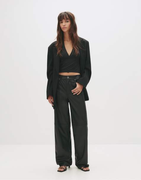 Pull&Bear Leather-effect straight-leg trousers in black