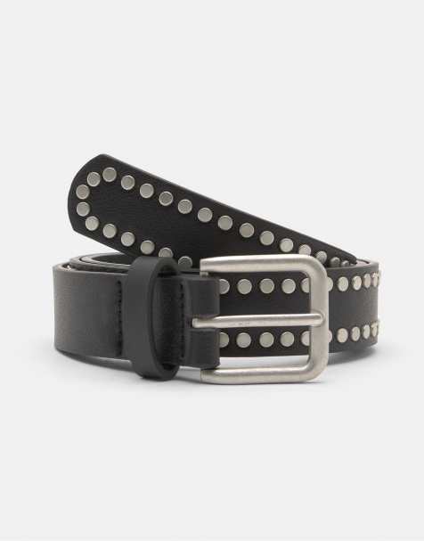 Pull&Bear Leather effect studded belt in black - view 1
