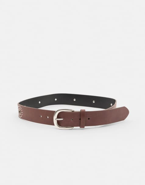 Pull&Bear Leather effect studded belt in brown - view 1