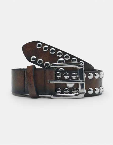 Pull&Bear Leather effect studded belt in brown - view 1