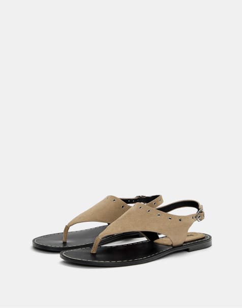 Pull&Bear leather flat sandals in sand - view 1